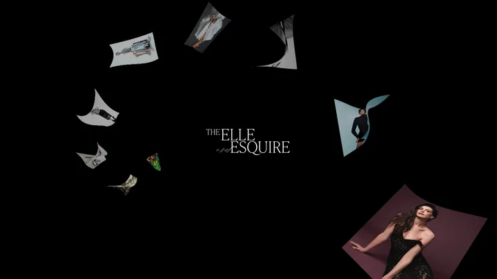 The exhibition site's intro: photographs from both magazines swirl around the ELLE and Esquire title